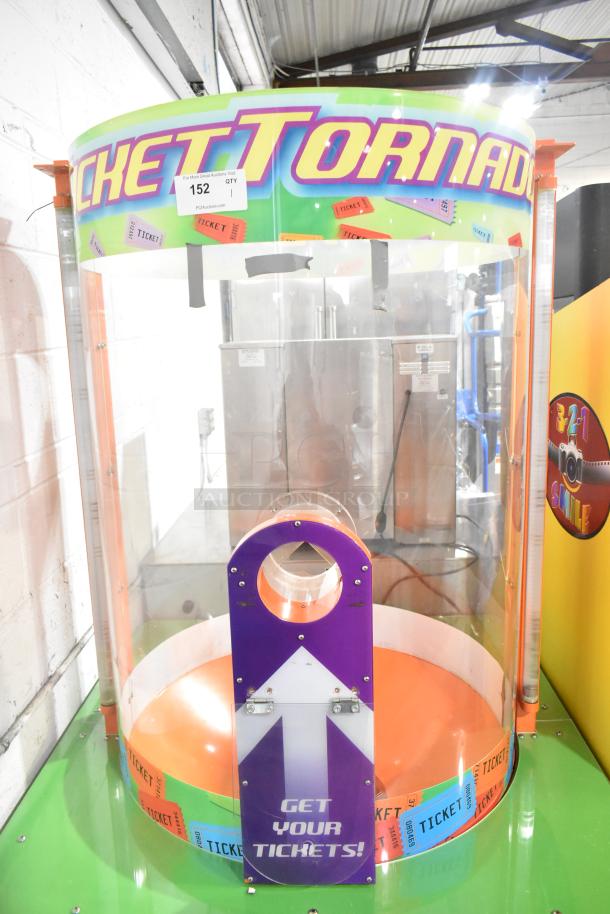 Ticket Tornado Metal Floor Arcade Machine, vibrant colors, "Get Your Tickets!" sign, 120 Volts, 1 Phase, excellent condition.