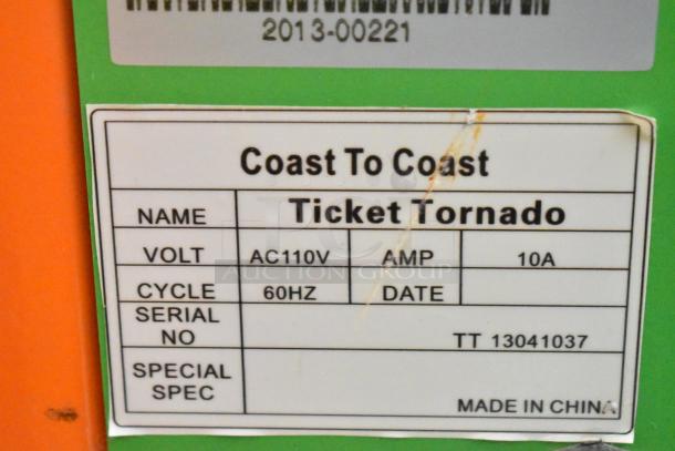 Ticket Tornado Arcade Machine. Coast To Coast brand, 120V, 1 phase, 10A, 60Hz. Serial TT 13041037, Made in China.