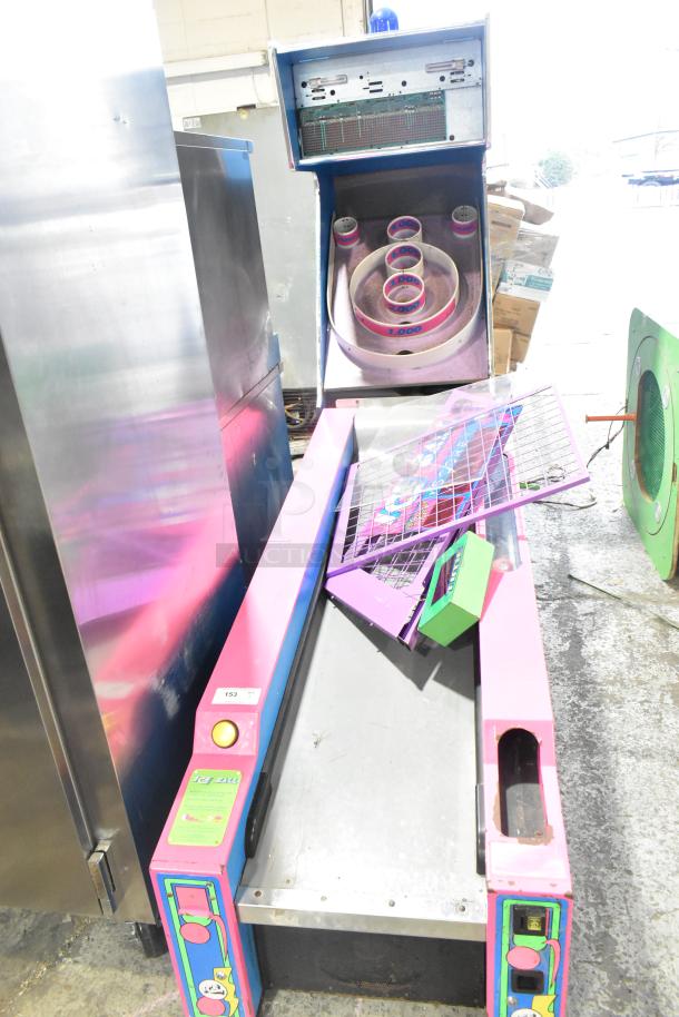 Ice Ball metal floor Skee Ball machine, worn condition, colorful design, uses 120 volts, 1 phase.