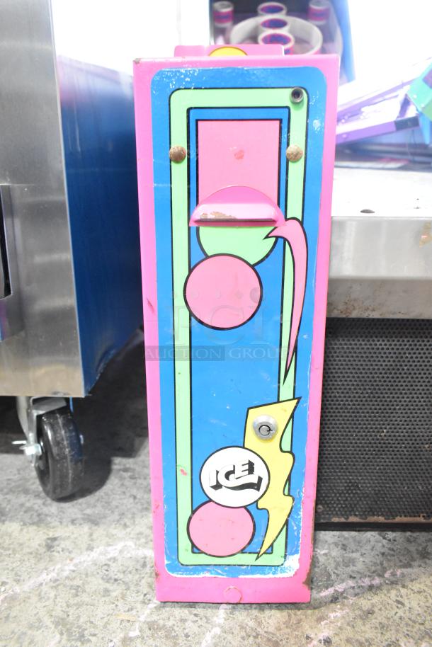 Ice Ball Metal Floor Style Skee Ball Machine, colorful panel design, 120 volts, 1 phase, visible ICE logo, fair condition.