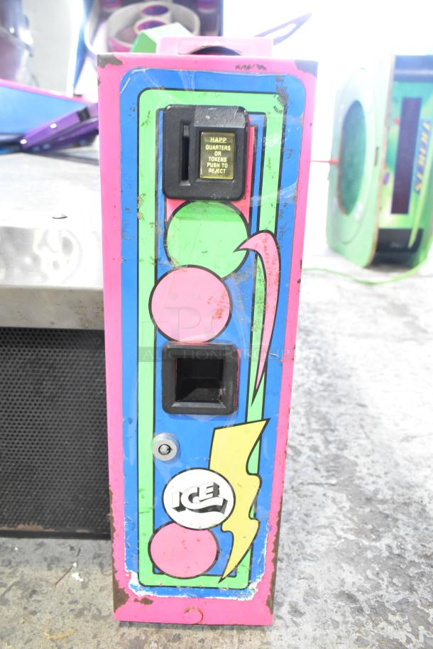 Ice Ball Metal Floor Style Skee Ball Machine with colorful panel. 120 Volts, 1 Phase. Accepts quarters or tokens. Light wear visible.