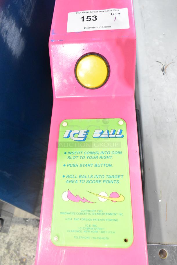 Pink Ice Ball metal skee ball machine, floor style, 120 volts, 1 phase, features instructions and a yellow start button.