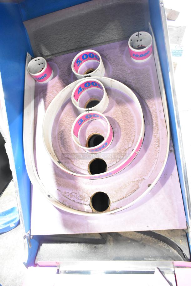 Ice Ball Metal Floor Style Skee Ball Machine, showing scoring rings with 3,000 to 10,000 points. Operates at 120 volts, 1 phase.