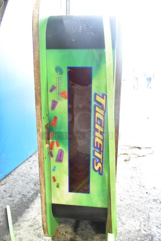 Vintage arcade "Tickets" sign, green with colorful ticket graphics, Coast to Coast Entertainment logo, fair condition.