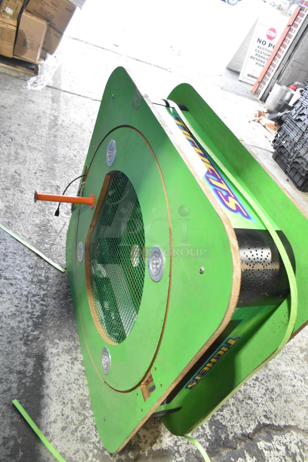 Green "Tickets" sign with circular frame, attached handle, and visible wiring. Good condition. Perfect for arcade decor.