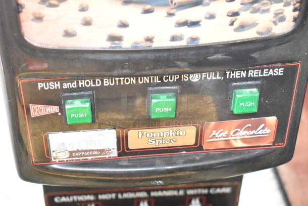 Cecilware GB3K commercial cappuccino machine, 120 volts, features flavor selection buttons for vanilla, pumpkin spice, and hot chocolate.