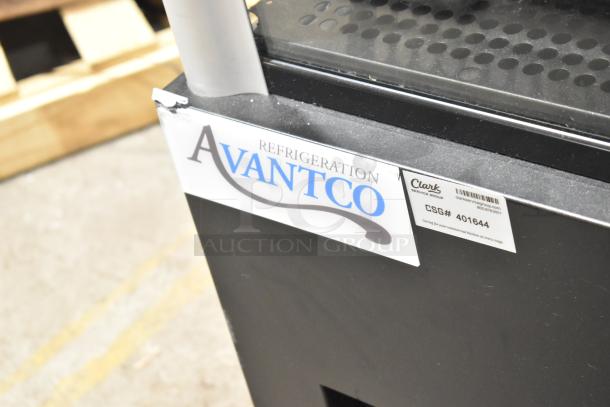 Avantco 189BVAC46HC refrigerated air curtain merchandiser, black metal, 46", 110-120V, features Avantco branding and Clark service tag.