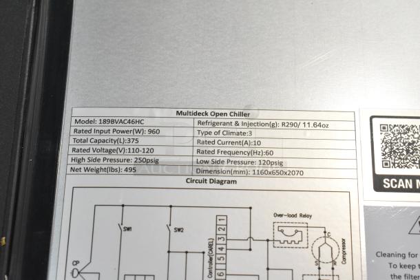 Avantco 189BVAC46HC commercial air curtain merchandiser label, showing model specs like 110-120V, 960W, and R290 refrigerant.
