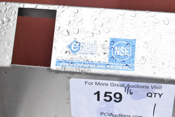Stainless Steel Commercial Sink, single bay with backsplash, under shelf, NSF certified, Enni Industries label, auction tag 159.