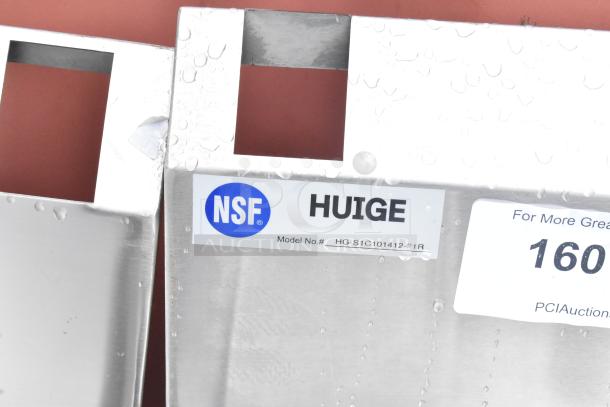 Stainless steel commercial single bay sink with backsplash and undershelf. Features NSF label and model HG-S1C101412-21R.