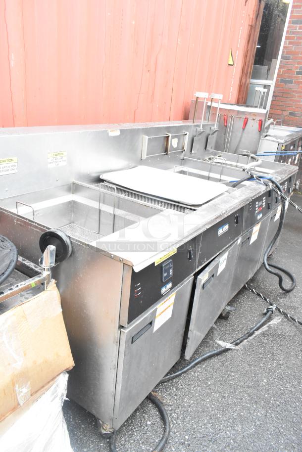 Giles EOF-24 Stainless Steel 3 Bay Fryer with EOF-BIB Dumping Station, 480V, 3 Phase, visible caution labels.