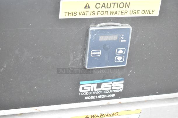 Giles EOF-24 stainless steel 3-bay fryer with EOF-BIB dumping station, 480V, 3-phase. Includes labels and controls for operation.