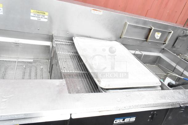 Giles EOF-24 stainless steel 3-bay fryer with EOF-BIB dumping station, 480V, 3-phase, caution labels visible.