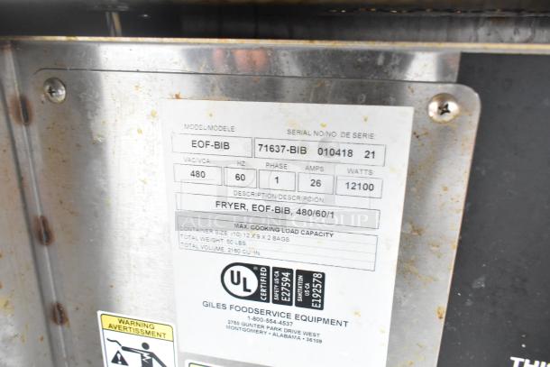 Giles EOF-24 Stainless Steel 3 Bay Fryer with EOF-BIB Dumping Station. Model: EOF-BIB. 480 Volts, 3 Phase. UL certified.