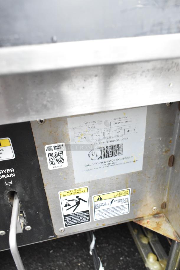 Giles EOF-24 stainless steel electric 3-bay fryer with EOF-BIB dumping station, 480V, 3-phase. Features warning labels.