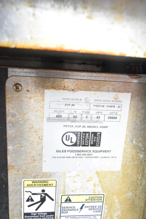 Giles EOF-24 stainless steel electric 3-bay fryer with EOF-BIB station. Includes manufacturer's label with specs.