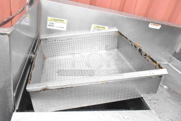 Giles EOF-24 stainless steel 3 bay electric fryer with EOF-BIB dumping station, 480V, 3 phase, signs of wear.