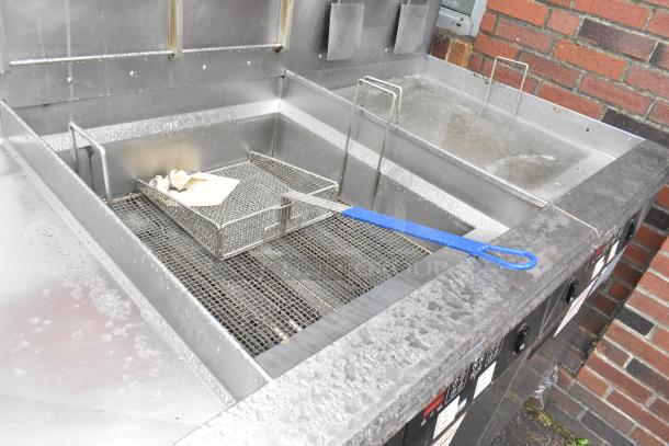 Giles EOF-24 Stainless Steel 3 Bay Fryer with EOF-BIB Dumping Station, 480V, 3 Phase, clean, good condition.