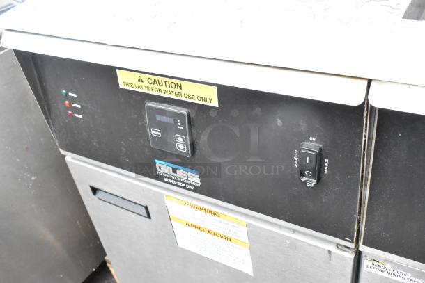 Giles EOF-24 stainless steel 3-bay fryer, model EOF-BIB, with control panel and caution labels, 480V, 3-phase.