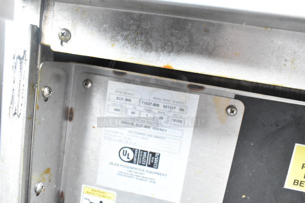 Giles EOF-BIB stainless steel commercial 3-bay fryer with dumping station, 480V, 3-phase. Model label shows power specs.