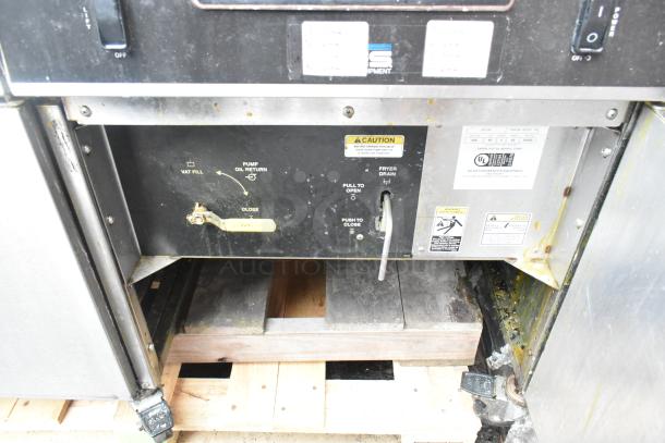 Giles EOF-24 Stainless Steel 3 Bay Fryer with EOF-BIB Dumping Station. Visible labels indicate 480V, 3 Phase, UL certified.
