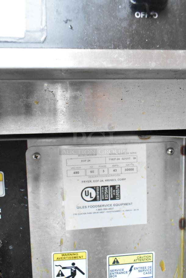 Giles EOF-24 stainless steel electric 3-bay fryer with EOF-BIB dumping station, 480V, 3-phase, visible labels.