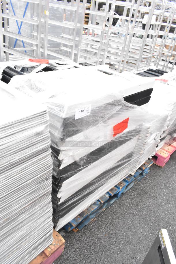 52 black folding chair frames and white folding chairs, stacked on pallets, wrapped in plastic. Auction lot labeled "170."
