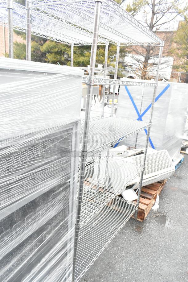 Chrome finish 5-tier wire shelving unit, good condition. Buyer must dismantle and consider freight charges.