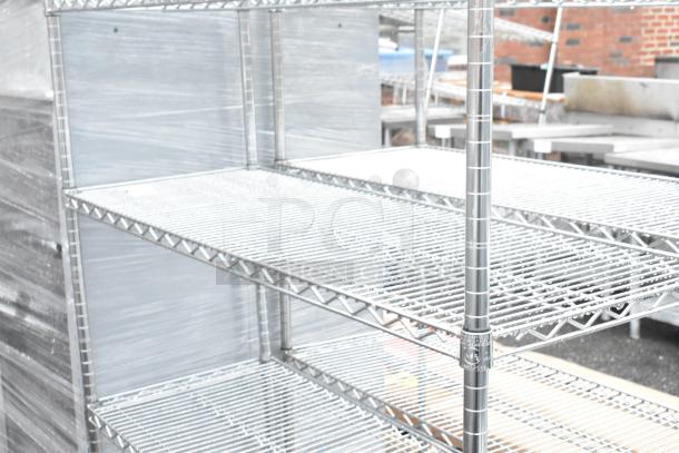 Chrome finish 5-tier wire shelving unit, requiring buyer dismantling. Ideal for storage, featuring adjustable shelves.