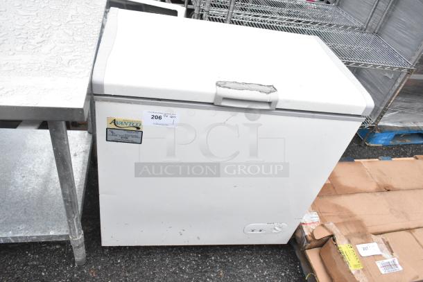 Avantco 178HF5 metal chest freezer, 115 volts, 1 phase. Features scuffs, label, and auction tag visible. Used condition.