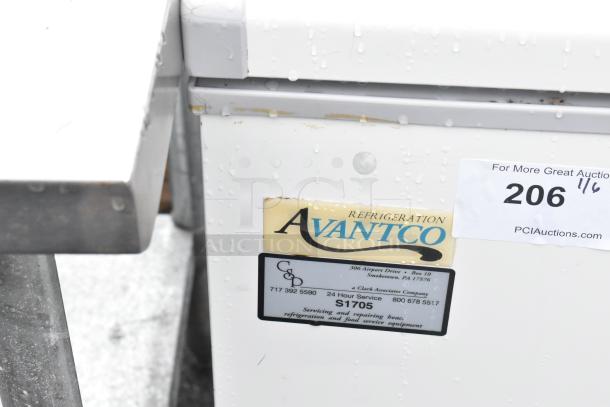 Avantco 178HF5 Metal Chest Freezer, 115V, 1 Phase, with exterior labeling showing refrigeration service details.