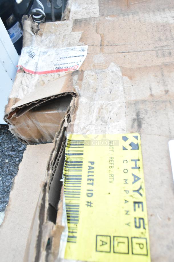 3 Wiremold WM1040EXPPROD produce scales, new condition, scratch and dent. Damaged packaging with shipping labels visible.