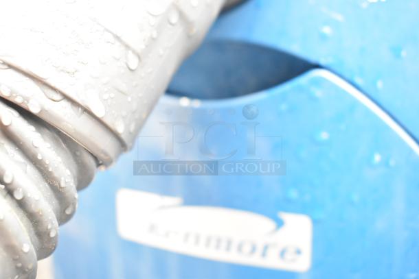 Kenmore 116.23313302 vacuum cleaner, blue with hose, 120 volts, 1 phase, visible brand label, showing minimal wear.