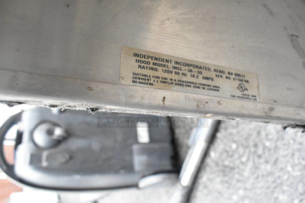 3' Independent INCL-36-SS stainless steel hood, 120V, 1 phase, 18.2 amps. Visible label details model and voltage.