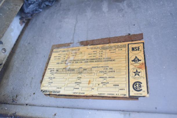 Southbend P48-CM cheese mettler label, showing model, specifications, and certifications for commercial use.