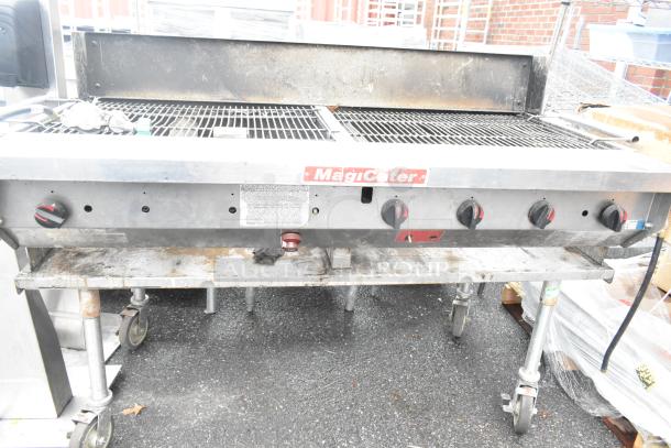 MagiCater stainless steel commercial propane charbroiler grill on casters; features adjustable knobs, well-used condition.