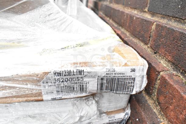 8 new scratch and dent items, including 3 HON Mod 72"x30" mahogany worksurfaces. Wrapped and labeled "RW7230.LTM1", "Made in China."