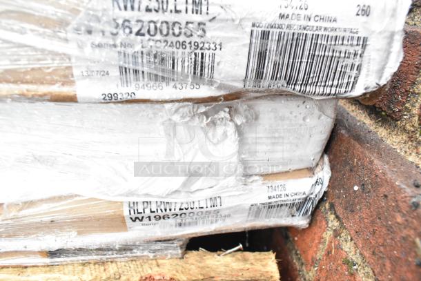 8 new HON Mod 72" Mahogany worksurfaces, labeled "HLPLRW7230.LTM1," some with visible damage, sealed in plastic wrap.