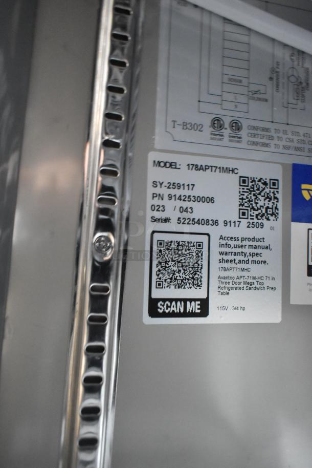 Avantco 178APT71MHC stainless prep table label showing model, serial number, and QR code for product info. Scratch and dent condition.