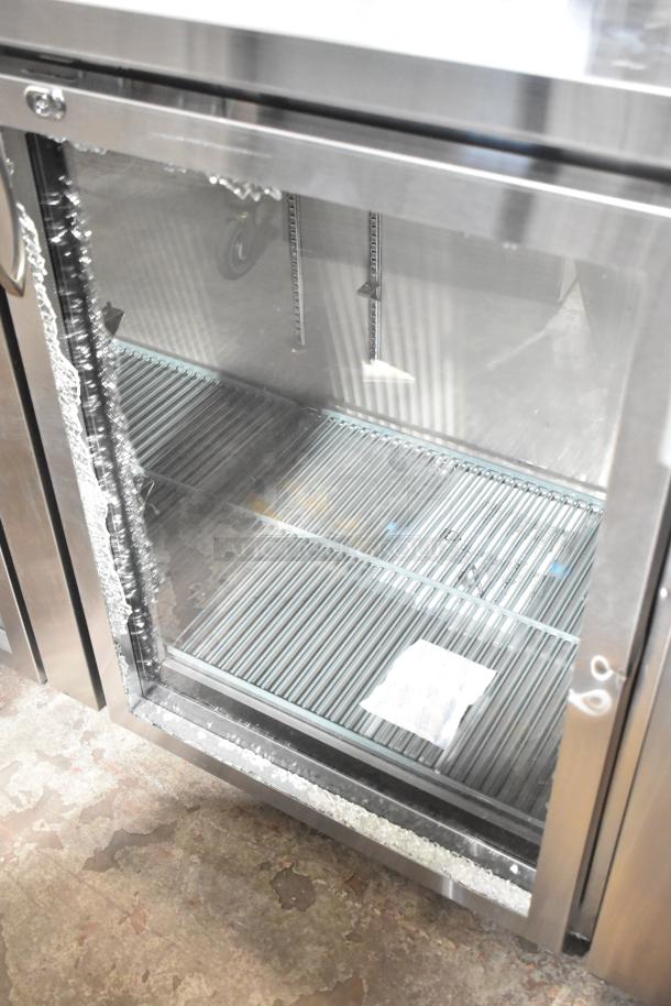 Avantco 178UBB4GHCS back bar refrigerator, 90" stainless steel, glass door with broken pane, LED lighting, 115V, new condition.