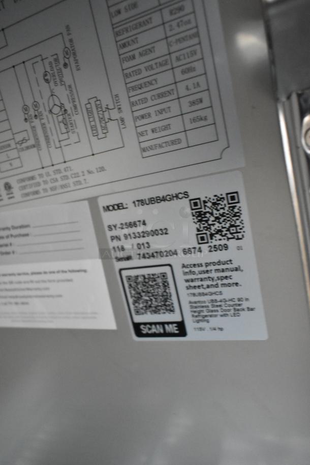 Avantco model 178UBB4GHCS label showing specifications for a 90" stainless steel back bar refrigerator, 115 volts, with QR codes.