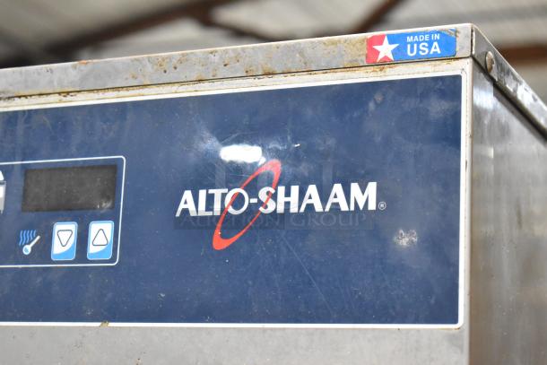 Alto Shaam 1000-UP/P Halo Heat Cabinet, stainless steel, mobile, with window doors, 120V, 1 phase, "Made in USA" sticker.