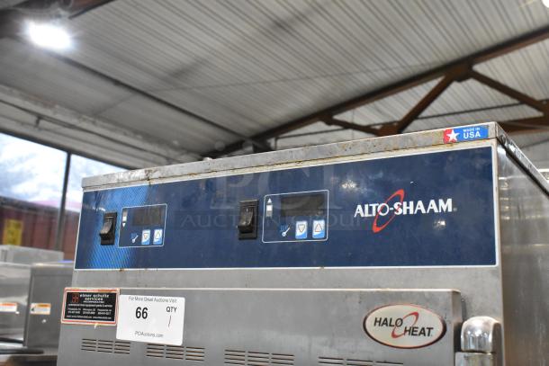 Alto Shaam 1000-UP/P Halo Heat Stainless Steel Mobile Cabinet with window doors, control panel, and "Made in USA" label.