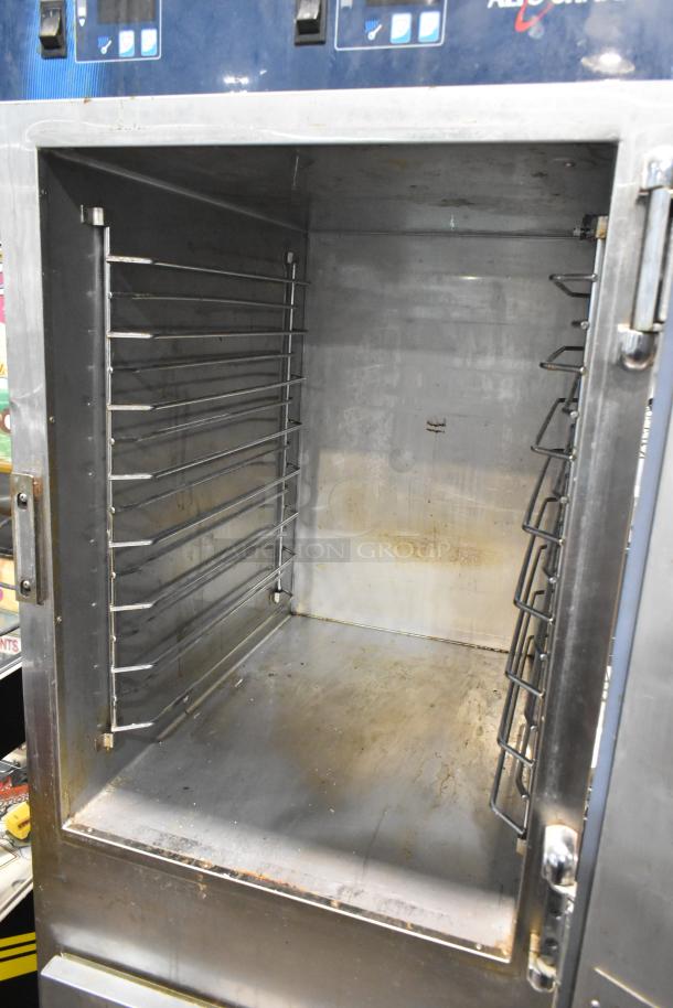 Alto Shaam 1000-UP/P stainless steel holding/proofing cabinet, 8 pan capacity, interior view, used, with Dutch door and window.