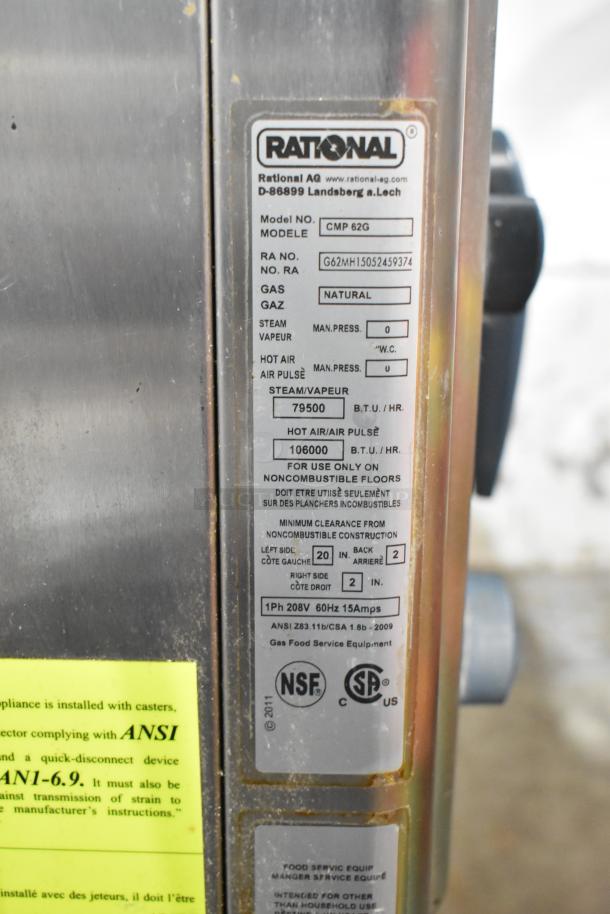 Rational CMP 62G stainless steel commercial combi convection oven, natural gas, model plate showing specifications.