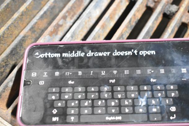 Continental stainless steel 6-drawer chef base on casters. Note: bottom middle drawer doesn't open, 115V, 1 phase.