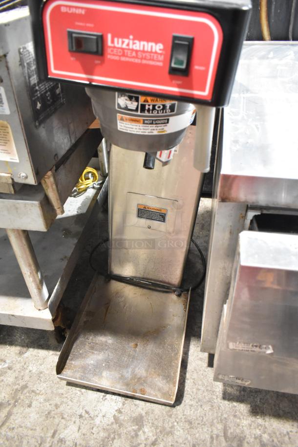 2016 Bunn TB3Q iced tea machine, stainless steel, commercial use, 120V, visible wear, operational controls and safety markings.