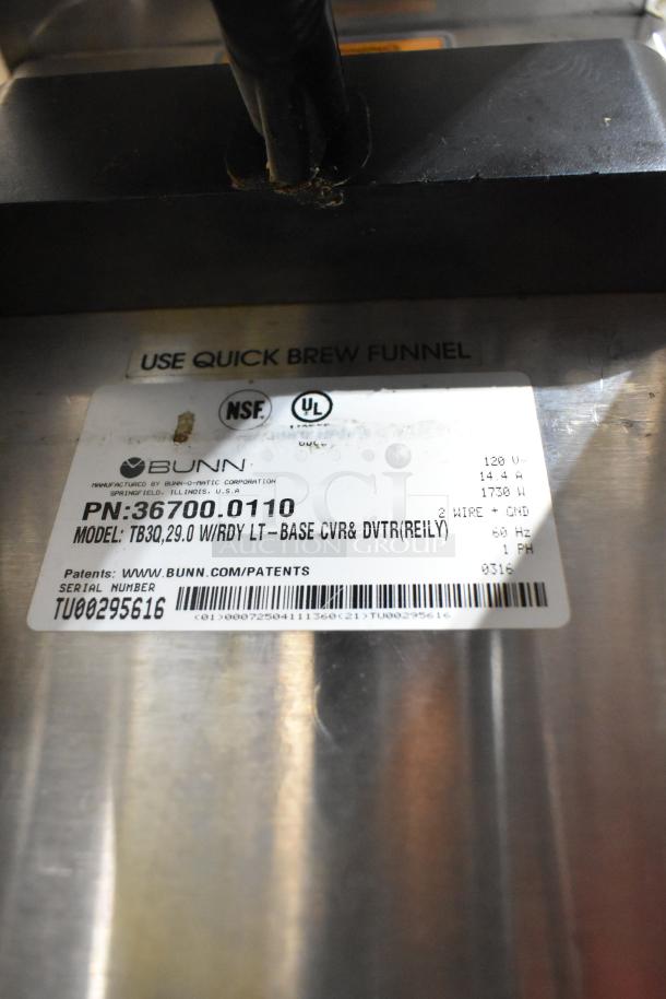 2016 Bunn TB3Q stainless steel iced tea machine, 120V, 1 phase, model label showing NSF and UL certifications.