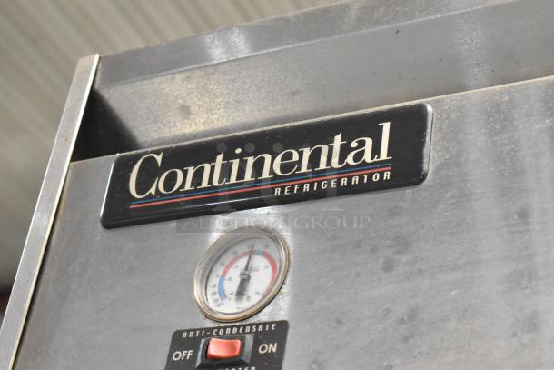 Continental 1R-HD stainless steel commercial cooler, 2 half doors, on casters. Features thermometer and anti-condensate control.