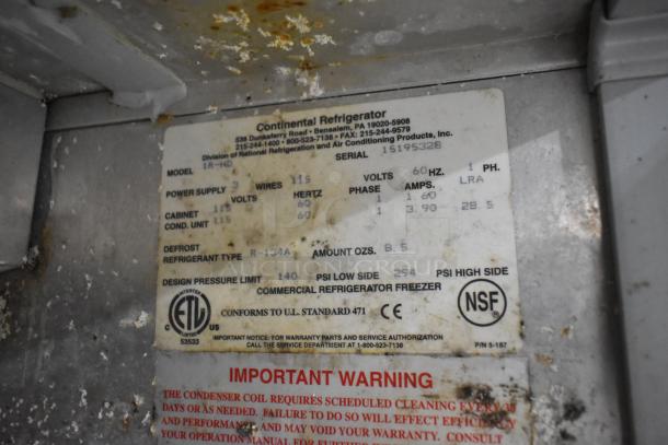 Continental 1R-HD cooler label details; 115 Volts, 1 Phase, R-134A refrigerant, complies with UL Standard 471, NSF certified.